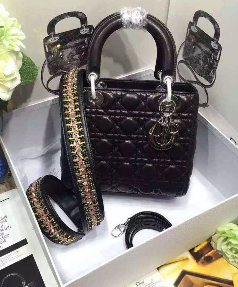 Christian Dior Lady Dior Mini Classic Tote Bag With Lambskin Black