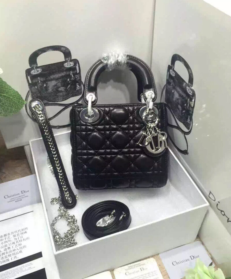 Christian Dior Lady Dior Mini Classic Tote Bag With Lambskin Black
