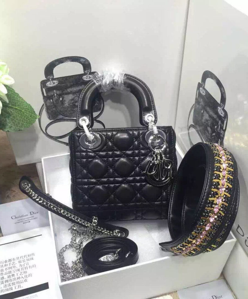 Christian Dior Lady Dior Mini Classic Tote Bag With Lambskin Black