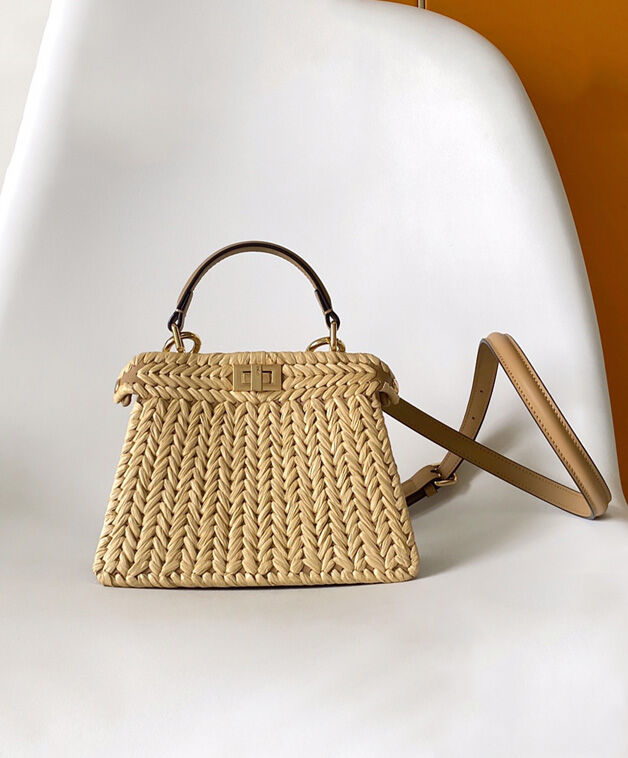 Fendi Sand Leather And Interlaced Fibre Bag 8BN335 Apricot