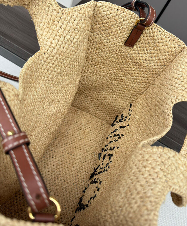 Loewe Medium Font Tote In Raffia Apricot