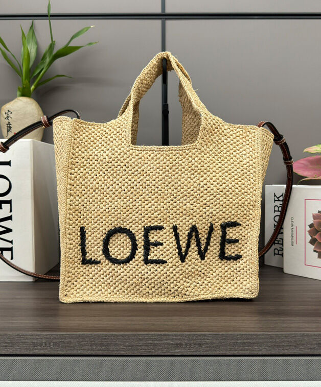 Loewe Medium Font Tote In Raffia Apricot