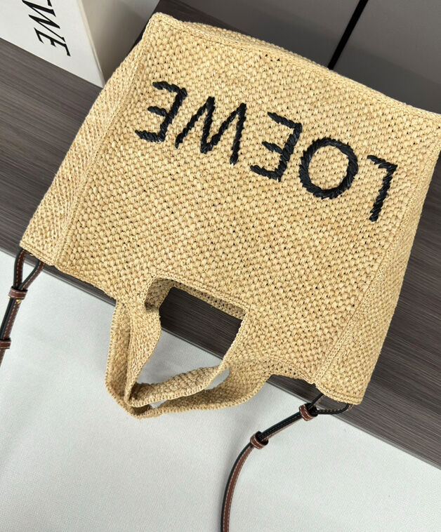 Loewe Medium Font Tote In Raffia Apricot