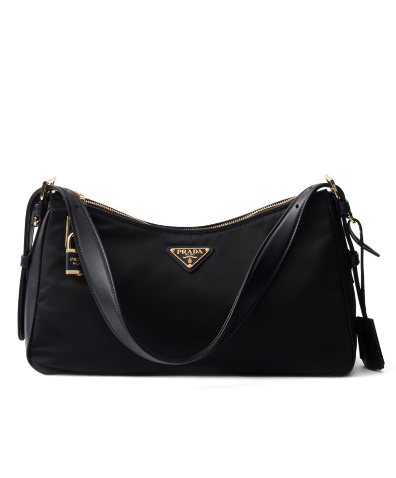 Prada Aimee Large Re-Nylon And Leather Shoulder Bag With Padlock 1BC232 Black