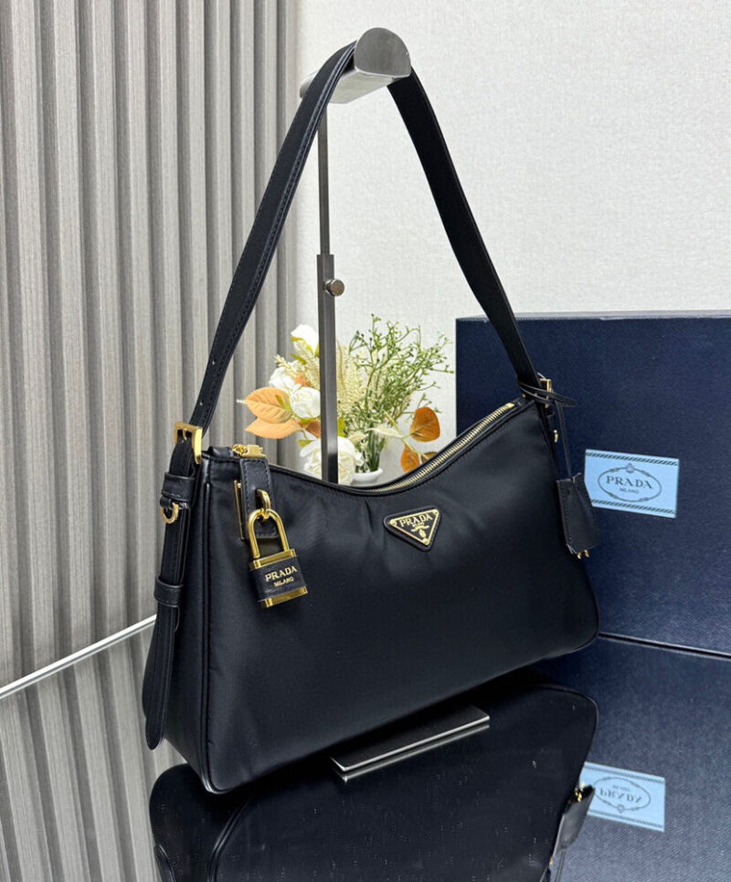 Prada Aimee Large Re-Nylon And Leather Shoulder Bag With Padlock 1BC232 Black