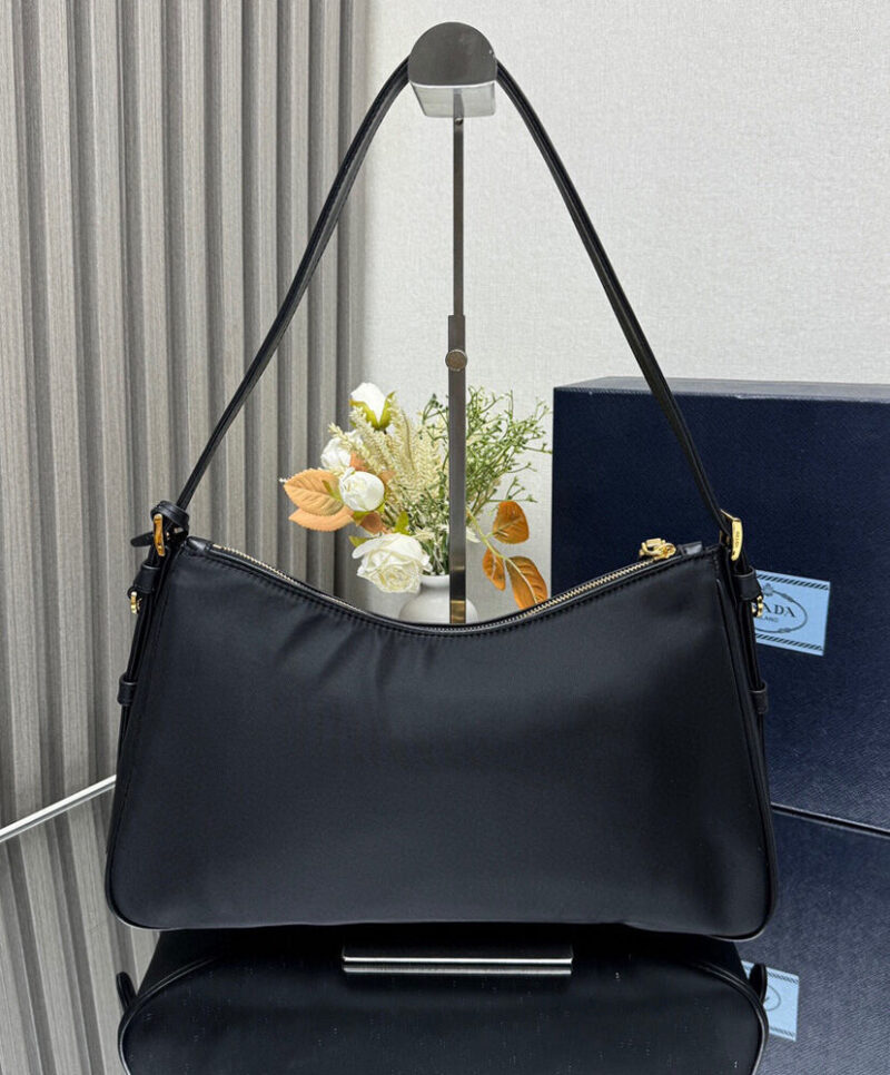 Prada Aimee Large Re-Nylon And Leather Shoulder Bag With Padlock 1BC232 Black