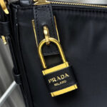 Prada Aimee Large Re-Nylon And Leather Shoulder Bag With Padlock 1BC232 Black