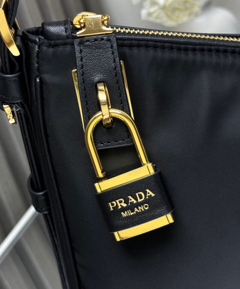 Prada Aimee Large Re-Nylon And Leather Shoulder Bag With Padlock 1BC232 Black