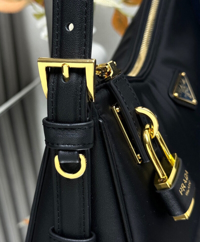 Prada Aimee Large Re-Nylon And Leather Shoulder Bag With Padlock 1BC232 Black