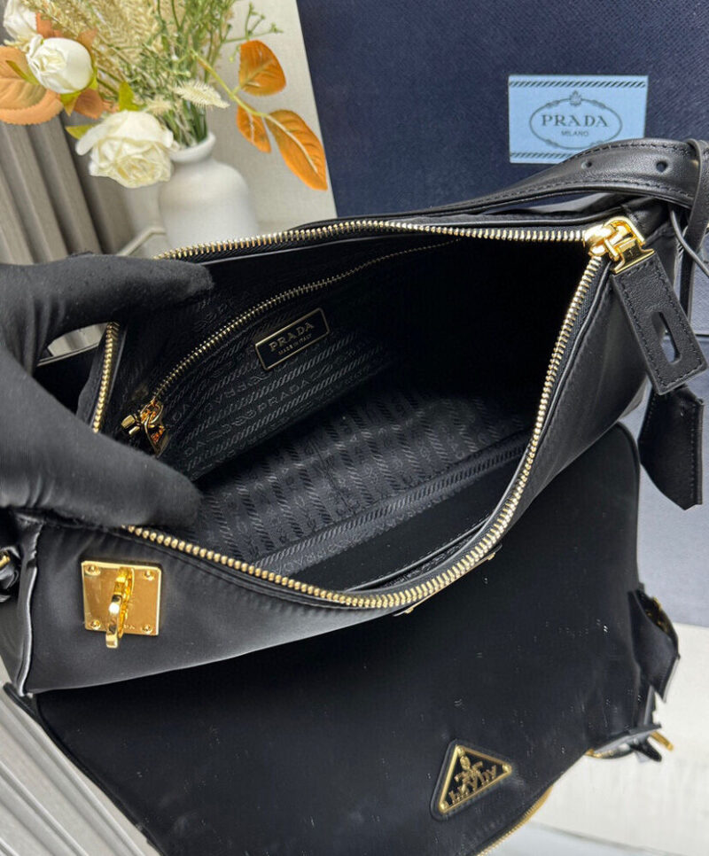 Prada Aimee Large Re-Nylon And Leather Shoulder Bag With Padlock 1BC232 Black