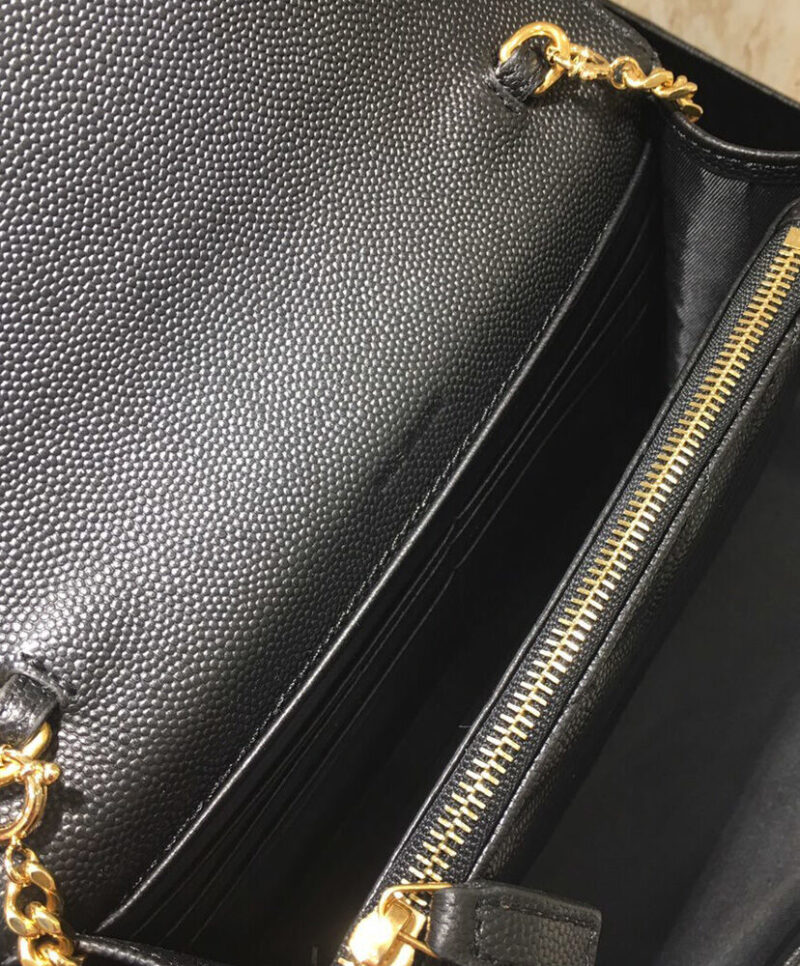 Saint Laurent Envelope Chain Wallet In Grain De Poudre Embossed Leather Black