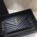 Saint Laurent Envelope Chain Wallet In Grain De Poudre Embossed Leather Black