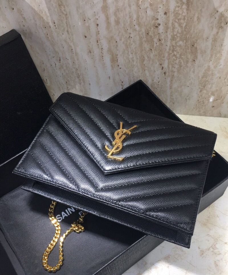 Saint Laurent Envelope Chain Wallet In Grain De Poudre Embossed Leather Black
