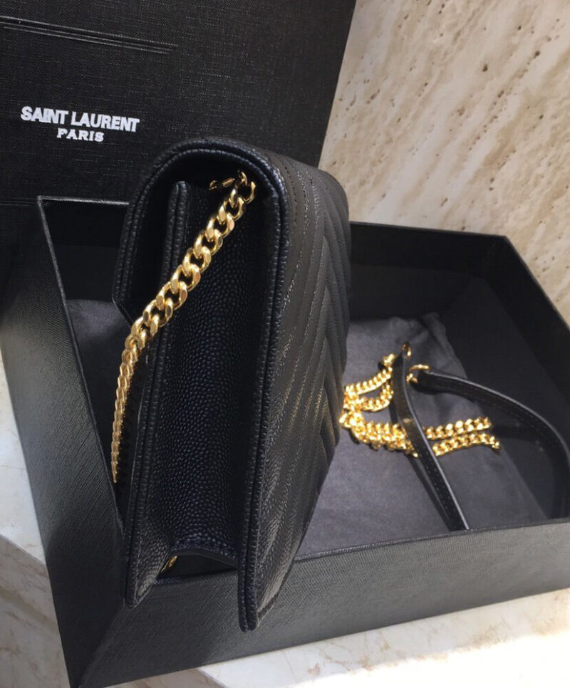 Saint Laurent Envelope Chain Wallet In Grain De Poudre Embossed Leather Black