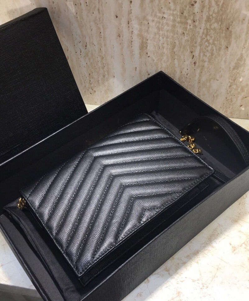 Saint Laurent Envelope Chain Wallet In Grain De Poudre Embossed Leather Black