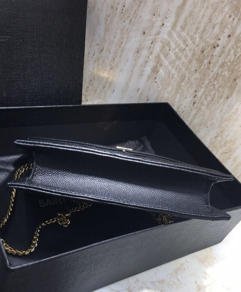 Saint Laurent Envelope Chain Wallet In Grain De Poudre Embossed Leather Black
