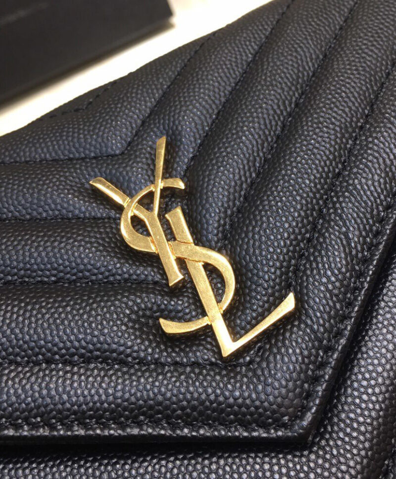 Saint Laurent Envelope Chain Wallet In Grain De Poudre Embossed Leather Black