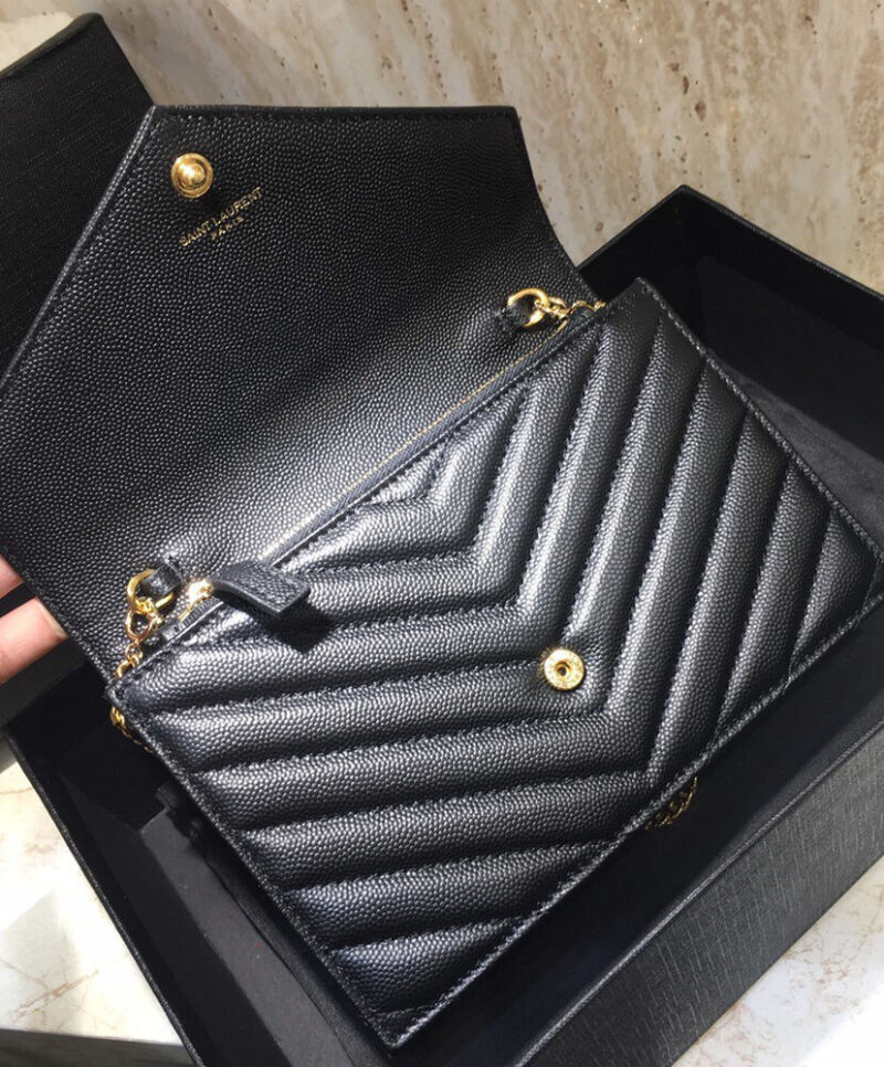 Saint Laurent Envelope Chain Wallet In Grain De Poudre Embossed Leather Black