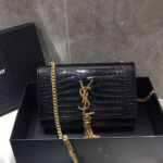 Saint Laurent Kate Small With Tassel In Embossed Crocodile Shiny Leather Black