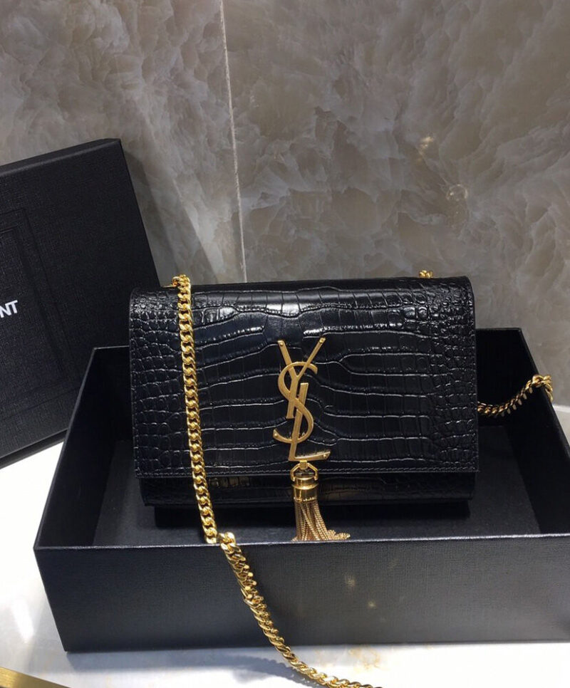 Saint Laurent Kate Small With Tassel In Embossed Crocodile Shiny Leather Black