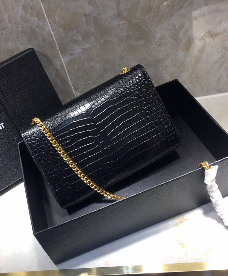 Saint Laurent Kate Small With Tassel In Embossed Crocodile Shiny Leather Black