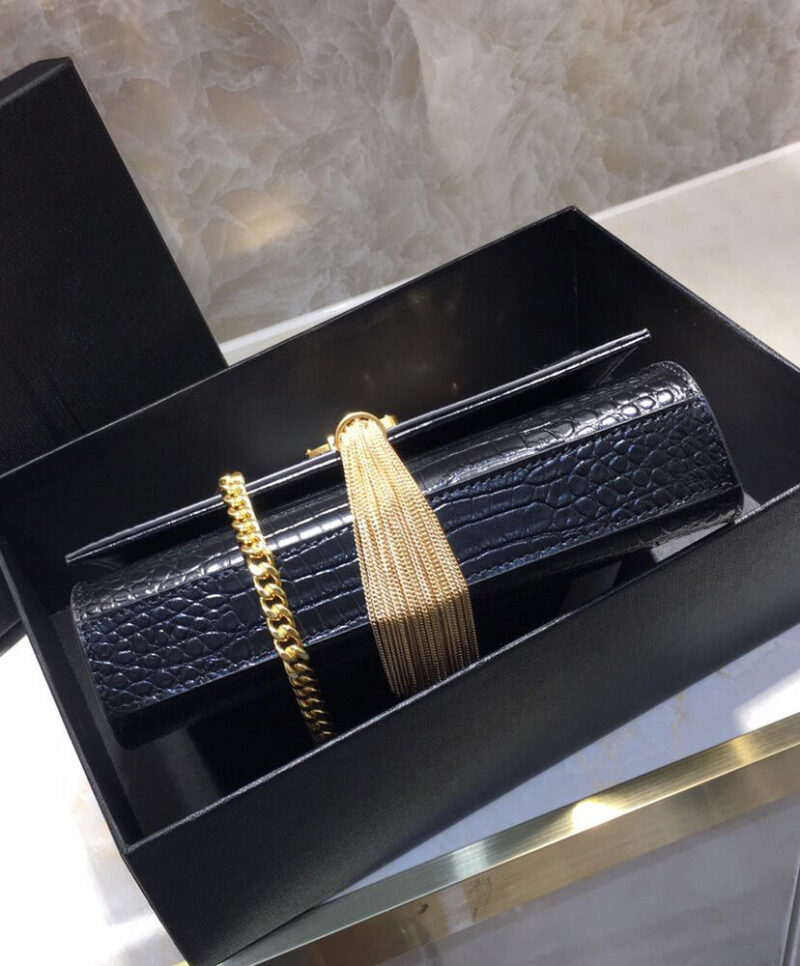 Saint Laurent Kate Small With Tassel In Embossed Crocodile Shiny Leather Black