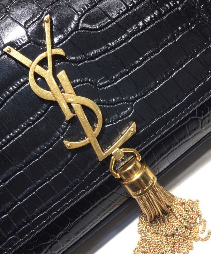 Saint Laurent Kate Small With Tassel In Embossed Crocodile Shiny Leather Black