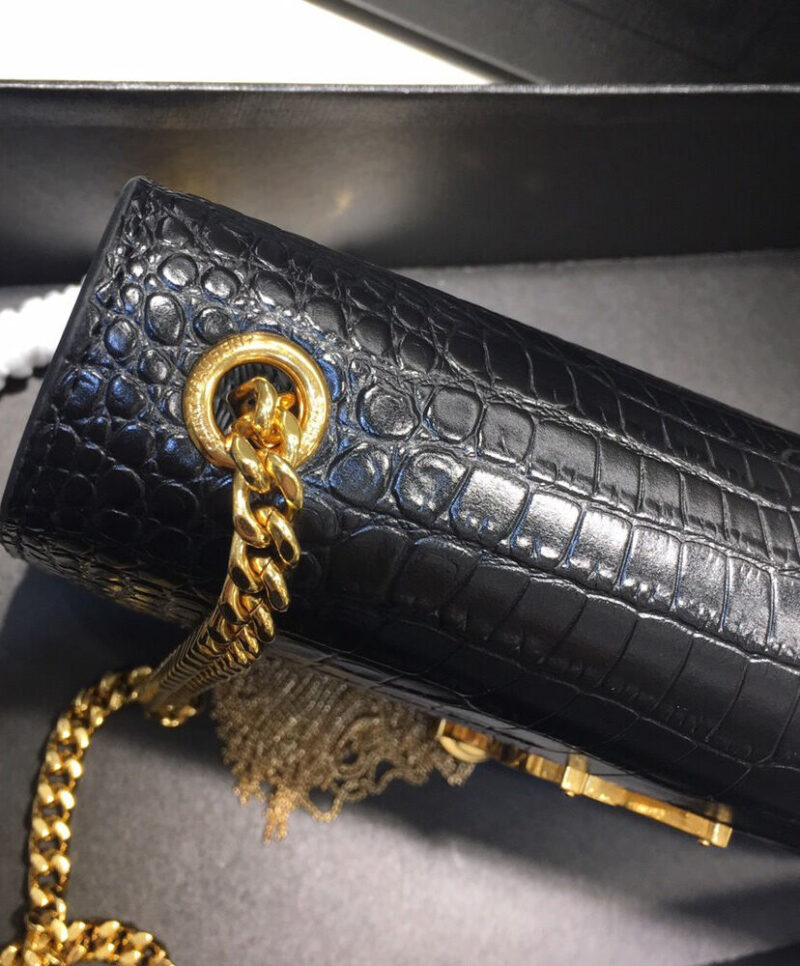Saint Laurent Kate Small With Tassel In Embossed Crocodile Shiny Leather Black