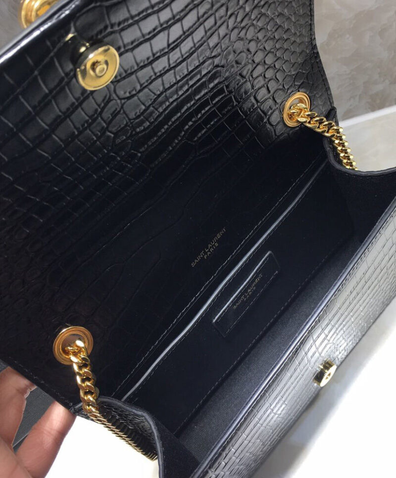 Saint Laurent Kate Small With Tassel In Embossed Crocodile Shiny Leather Black