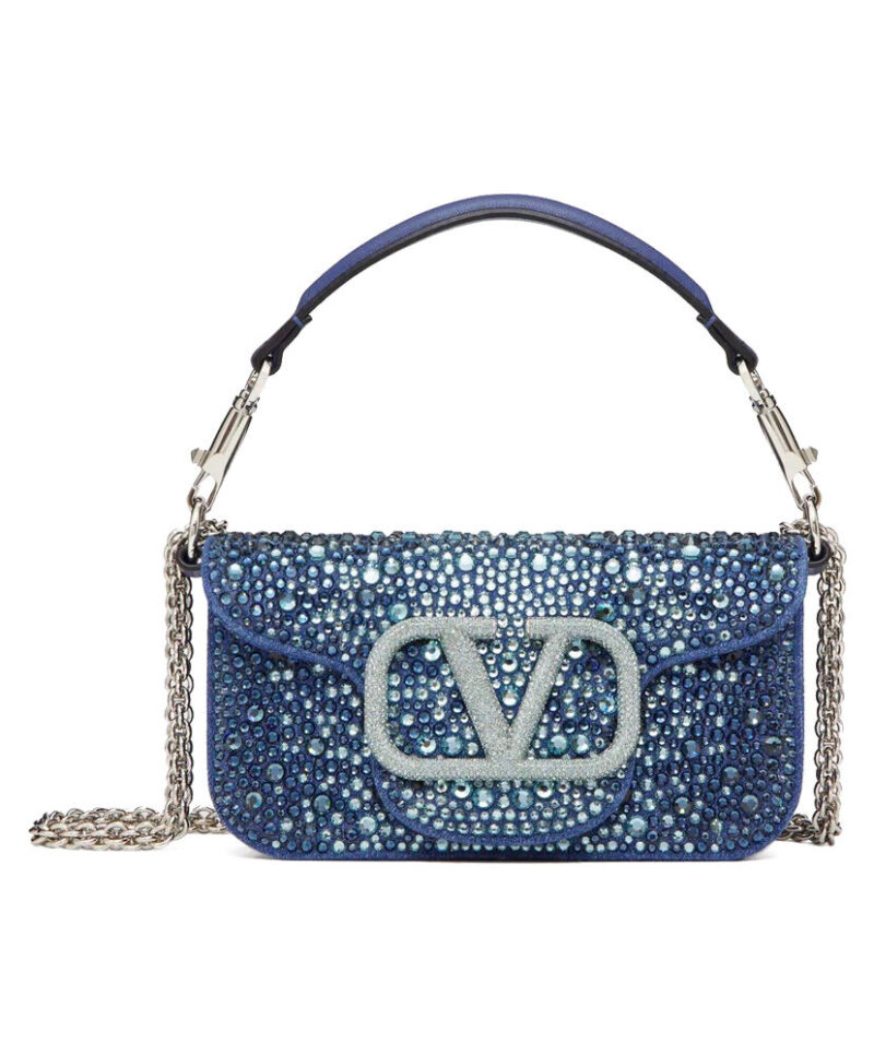Valentino Small Loco Denim Shoulder Bag With Rhinestones Blue