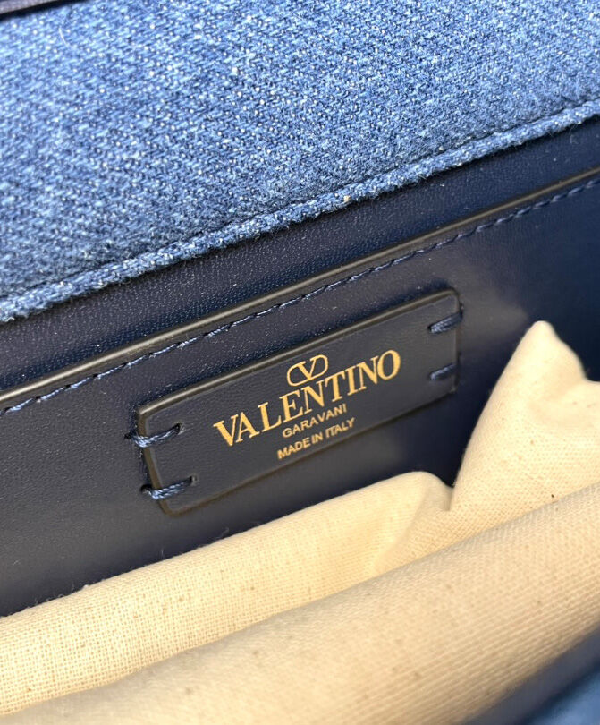 Valentino Small Loco Denim Shoulder Bag With Rhinestones Blue