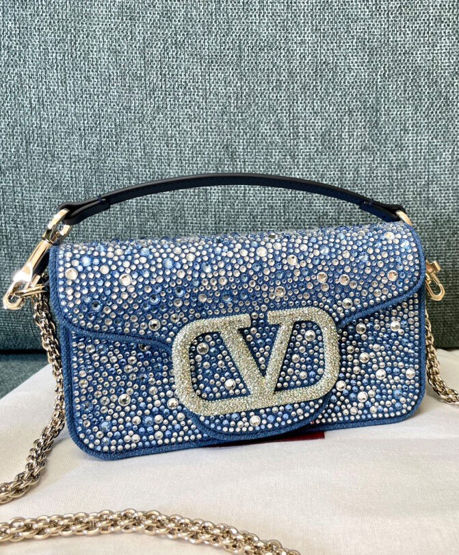 Valentino Small Loco Denim Shoulder Bag With Rhinestones Blue