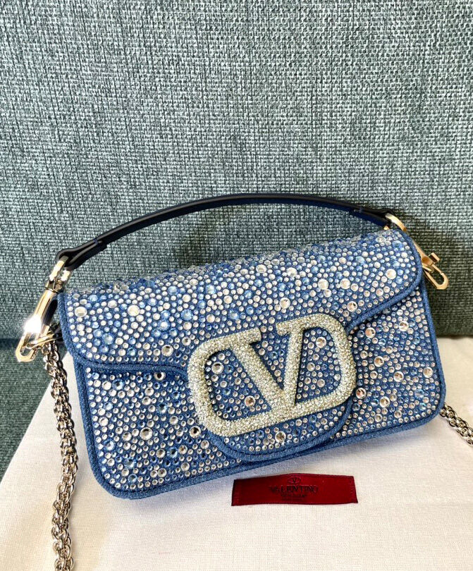 Valentino Small Loco Denim Shoulder Bag With Rhinestones Blue