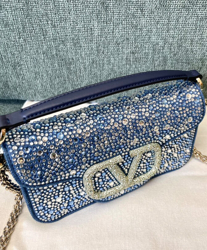 Valentino Small Loco Denim Shoulder Bag With Rhinestones Blue