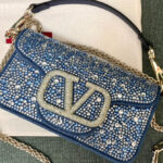 Valentino Small Loco Denim Shoulder Bag With Rhinestones Blue