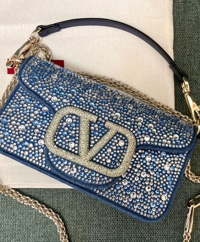 Valentino Small Loco Denim Shoulder Bag With Rhinestones Blue