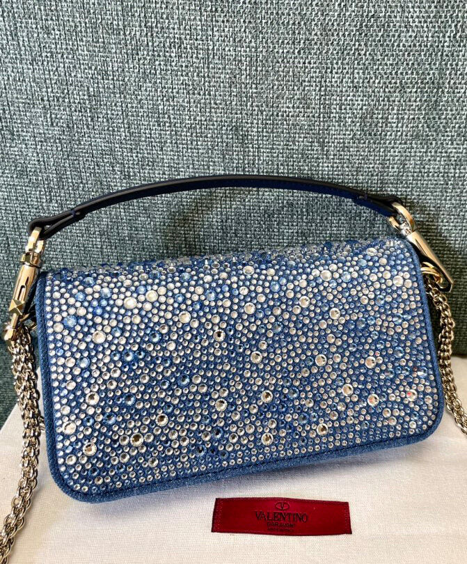Valentino Small Loco Denim Shoulder Bag With Rhinestones Blue