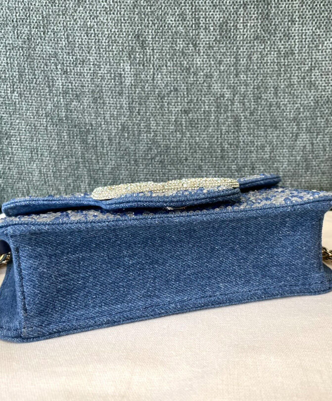 Valentino Small Loco Denim Shoulder Bag With Rhinestones Blue