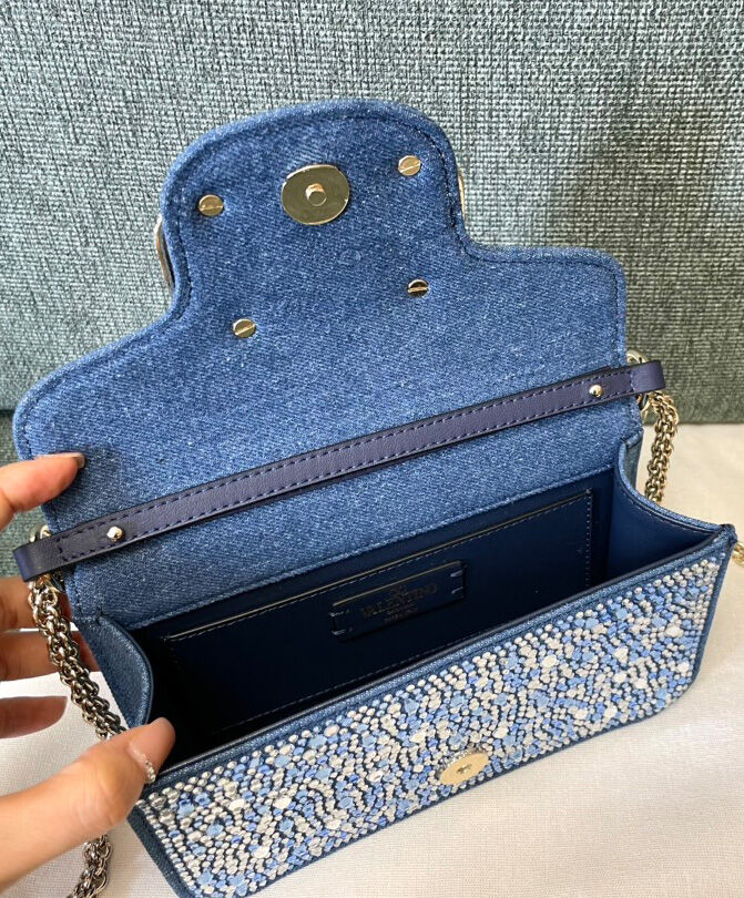 Valentino Small Loco Denim Shoulder Bag With Rhinestones Blue