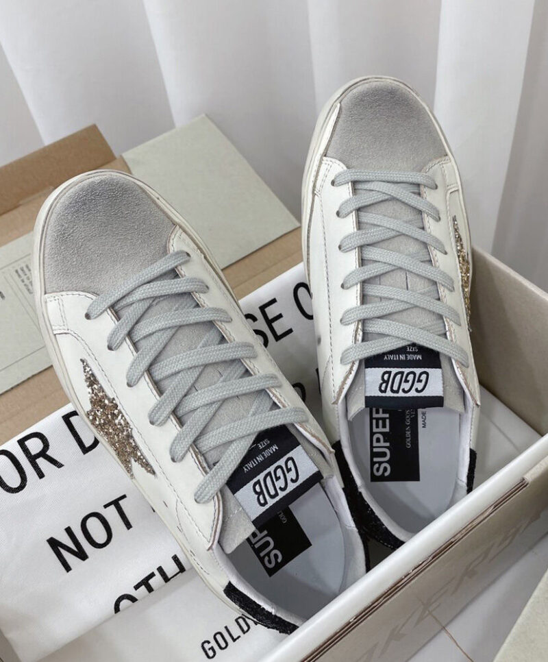 Golden Goose Women's Super-Star Sneakers With Gold Star And Glittery Heel Tab White