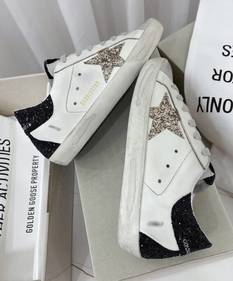 Golden Goose Women's Super-Star Sneakers With Gold Star And Glittery Heel Tab White