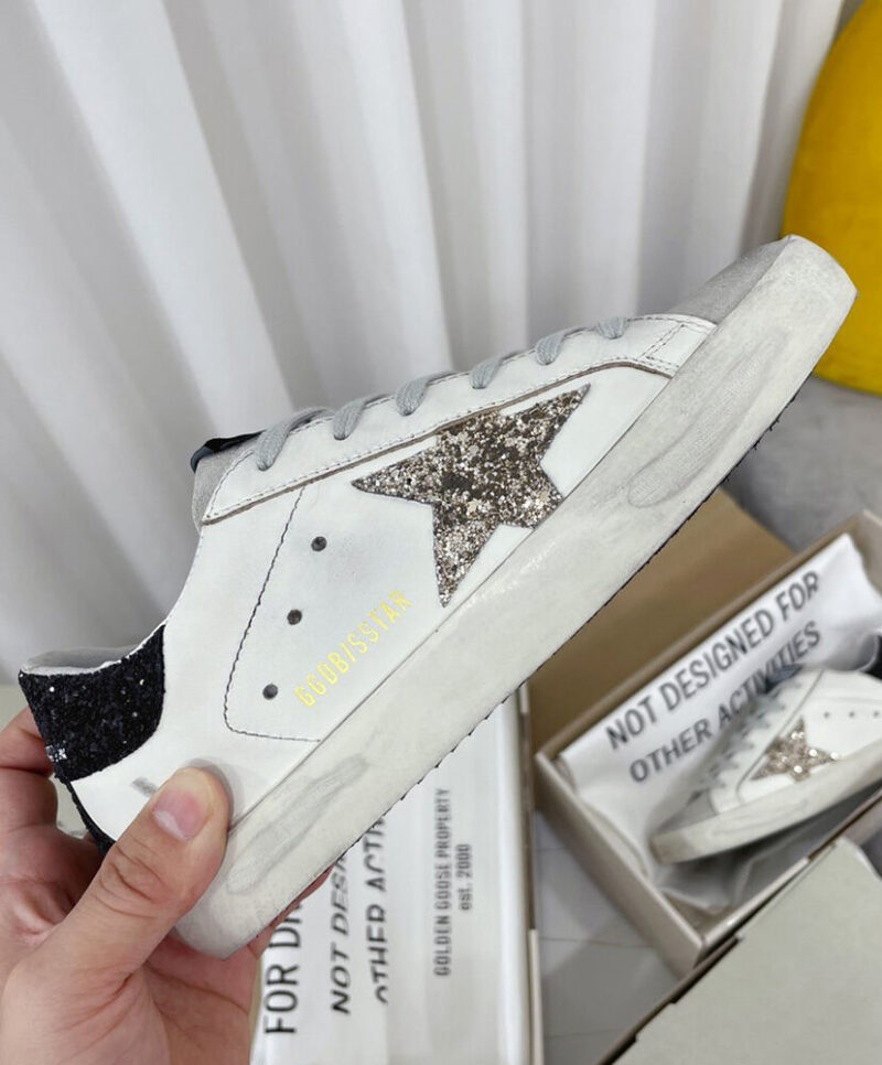 Golden Goose Women's Super-Star Sneakers With Gold Star And Glittery Heel Tab White