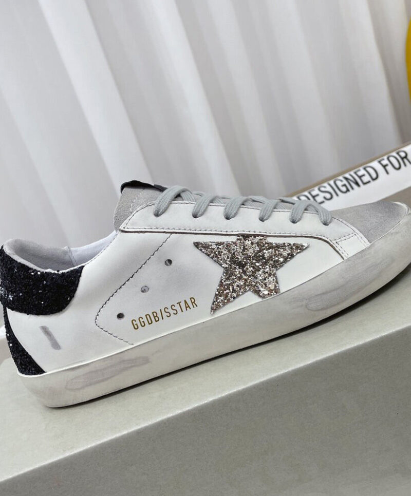 Golden Goose Women's Super-Star Sneakers With Gold Star And Glittery Heel Tab White