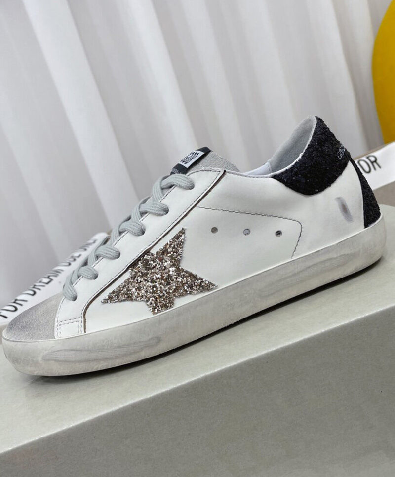 Golden Goose Women's Super-Star Sneakers With Gold Star And Glittery Heel Tab White