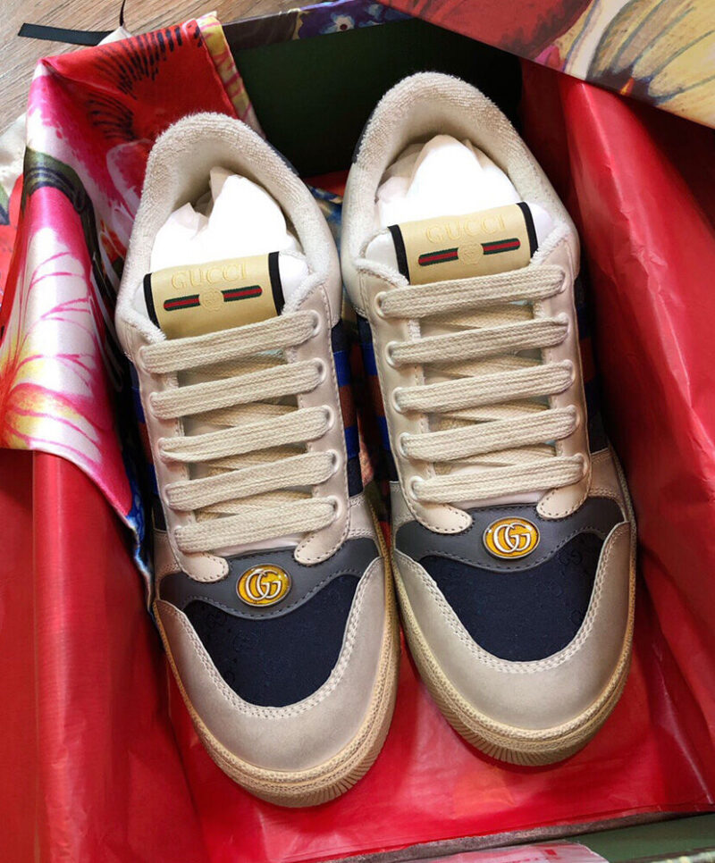 Gucci Unisex Mini GG Leather Screener Sneaker Dark Blue