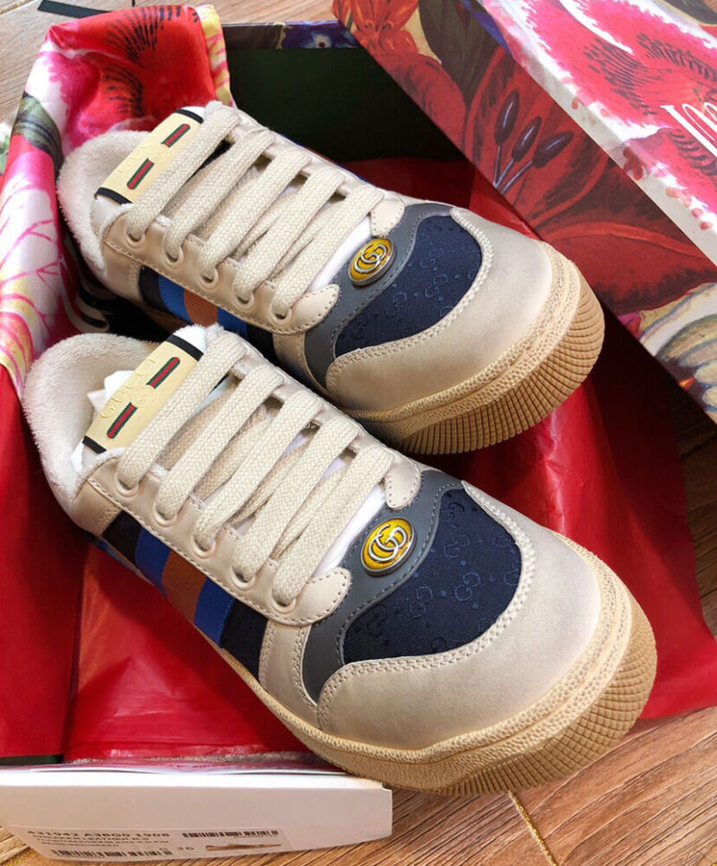 Gucci Unisex Mini GG Leather Screener Sneaker Dark Blue