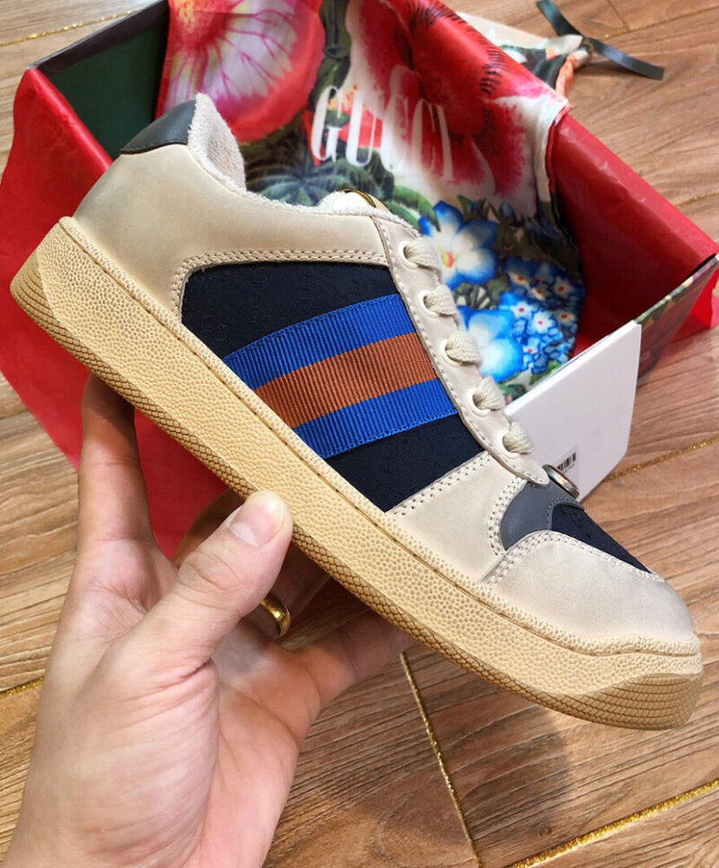 Gucci Unisex Mini GG Leather Screener Sneaker Dark Blue
