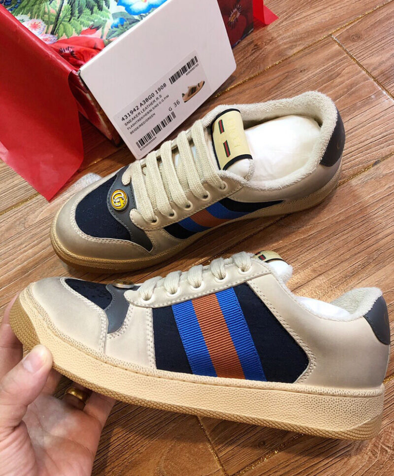 Gucci Unisex Mini GG Leather Screener Sneaker Dark Blue