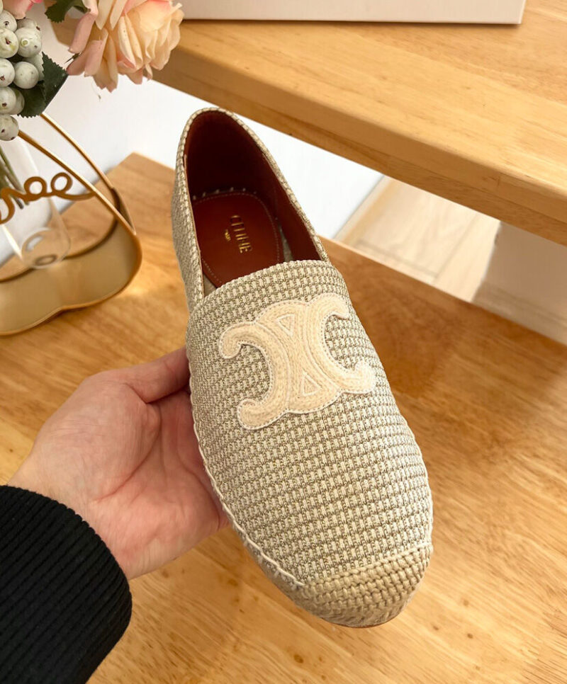 Celine Women's Les Espadrilles Celine With Triomphe Signature In Striped Canvas & Embroidered Patch Cream