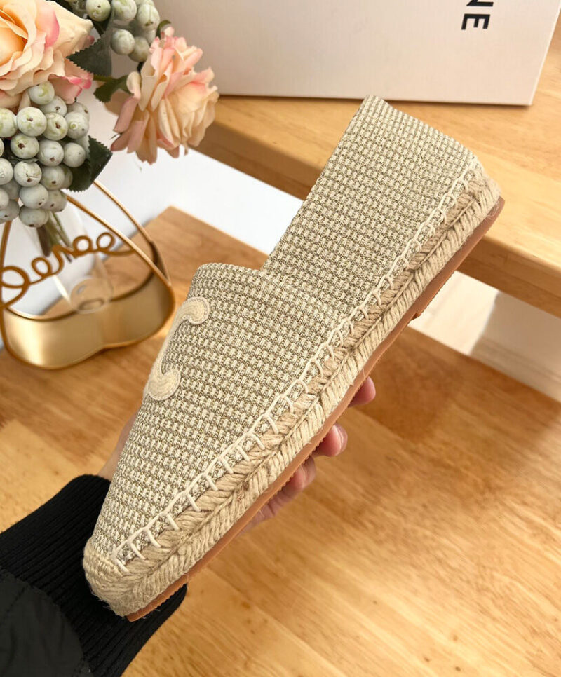 Celine Women's Les Espadrilles Celine With Triomphe Signature In Striped Canvas & Embroidered Patch Cream